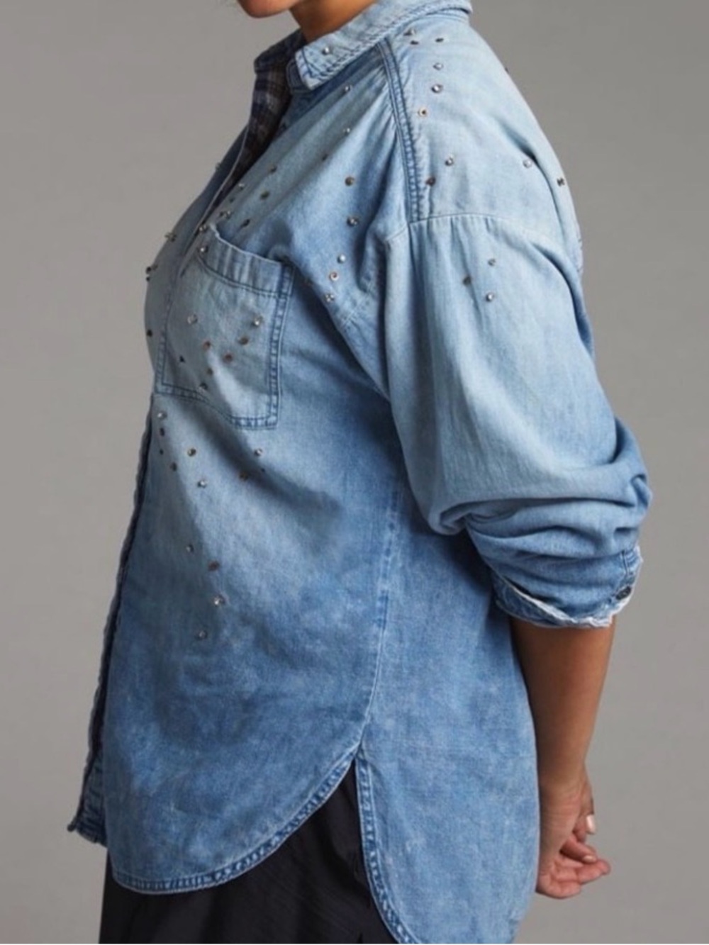 Pilcro RHINESTONE Blue Studded Denim Button-Down Shirt LARGE w/Beads - Picture 3 of 10